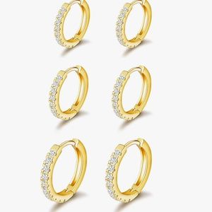 3 Pairs Small Hoop Earrings Cubic Zirconia - Gold - Women  Set 1 8mm 10mm 12mm